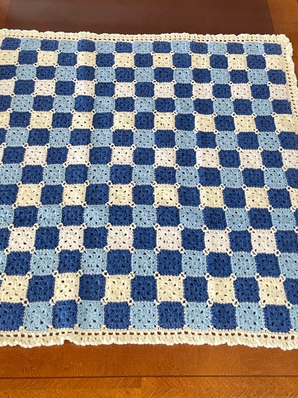 Crocheted Checkerboard Throw Blanket in Navy, Light Blue, cream & White